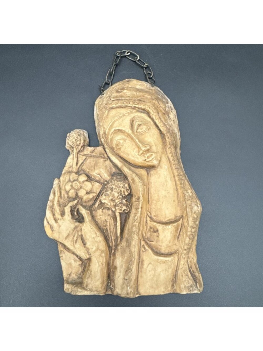 Vintage Terracotta Religious Madonna Mary Holding Flower Wall Decor Plaque MCM